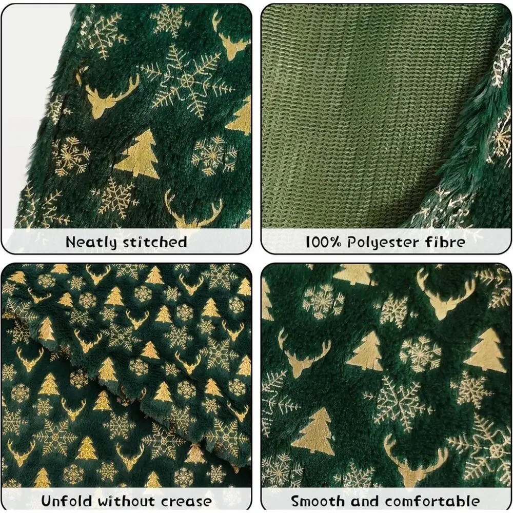 Christmas Table Runner Trees / Snow Soft Plush Faux Fur Green / Gold 14 x 72 